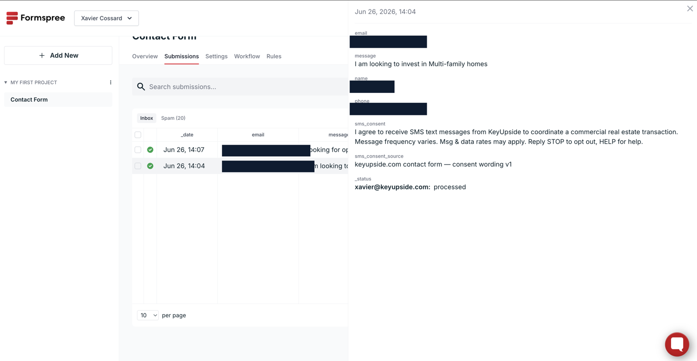 Redacted sample of a stored SMS consent record showing the timestamp, the exact consent wording the recipient agreed to, and the source of consent. Name, email, and mobile number are redacted.
